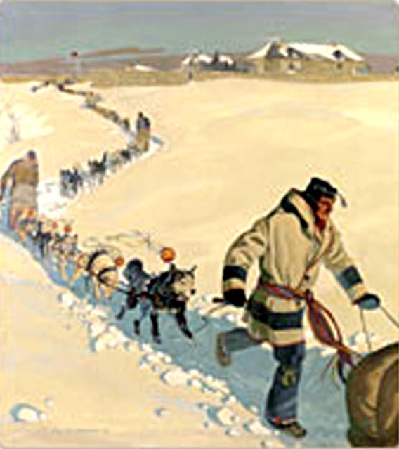 last dog-train leaving Lower Fort Garry, 1909, painted 1927